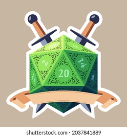 Green D20 Die With Beige Ribbon and Swords. Flat Style svg
