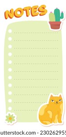 Green daily planner. Goal setting and time management, organization of effective study process. Sheet of paper with cat, cactus and inscription notes. Cartoon flat vector illustration
