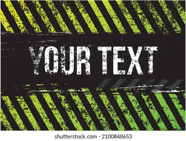 Green damaged stripes on a black background with scratched space for text. Warning or construction sign with place to insert text. Vector graphics.