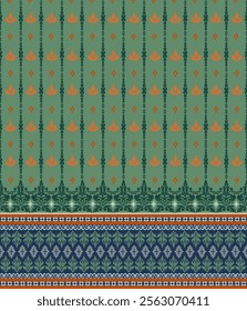 Green Damask Pattern, Abstract, Traditional Ethnic, Vertical Fabric, Beautiful Fabric Edge, For Decoration, Textile, Clothing, Curtain, Carpet, Pillow or as requested.