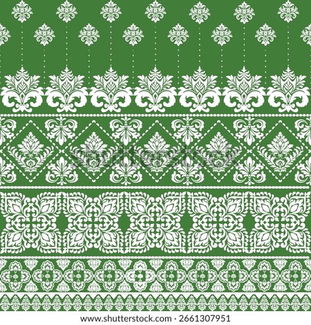 Green Damask Pattern Background. A vibrant and elegant digital background featuring a seamless damask and geometric pattern in white on a rich green field, perfect for textile design, 