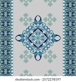 Green damask vector seamless pattern on grey background with decorative ornament. Template for carpet, shawl, wallpaper, elaborated border, and clothing.