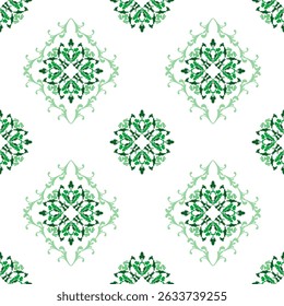 Green damask vector seamless pattern element. Elegant luxury Victorian texture for wallpapers, backgrounds, and page fill. Baroque style.