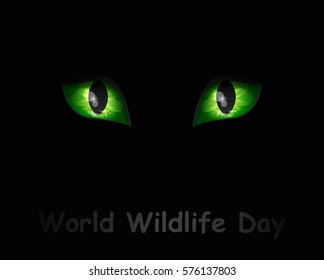 Green dangerous wild cat eyes on black background. Vector Illustration. World Wildlife Day