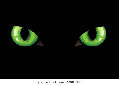 Green Dangerous Wild Cat Eyes, On Black Background, Vector Illustration