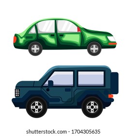Green and dark blue car, vector car bundle, flat design illustration.