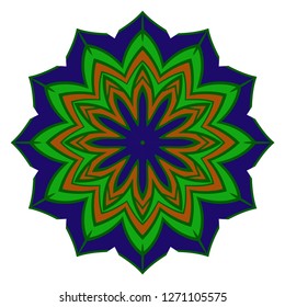 Green, dark blue color Mandala design element. Geometric line pattern. Doodle art for coloring book page, textile fabric print. Vector illustration.