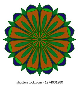 Green, dark blue color Mandala design element. Geometric line pattern. Doodle art for coloring book page, textile fabric print. Vector illustration.