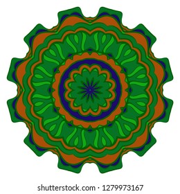 Green, dark blue color Mandala design element. Geometric line pattern. Doodle art for coloring book page, textile fabric print. Vector illustration.