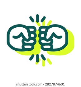 Green and dark blue flat line color vector illustration of a fist bump gesture icon with motion lines and bright neon yellow shadows isolated on a white background for modern user interface design