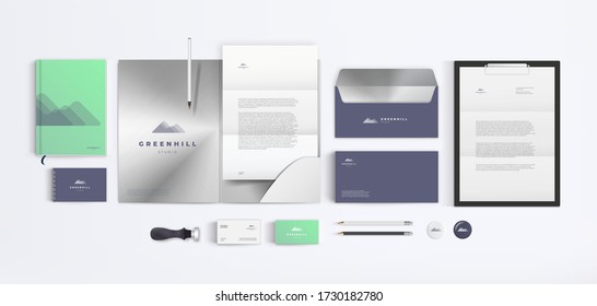 Green and dark blue logo vector corporate identity design template for branding. Bright color background for nature or eco company.