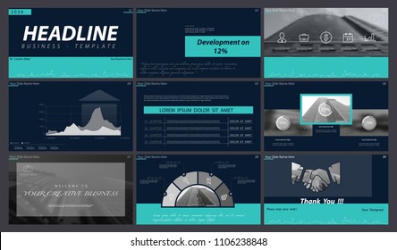 Green, dark blue, presentation template, black background. 2020. Best infographic graphics. Postcard, flyer, corporate report, marketing, screen, advertisement, document, annual report, digital, vecto