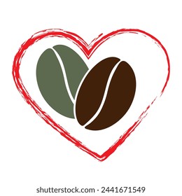 Green and dark brown coffee bean in heart of chalk brush stroke Love coffee Logo or sticker concept