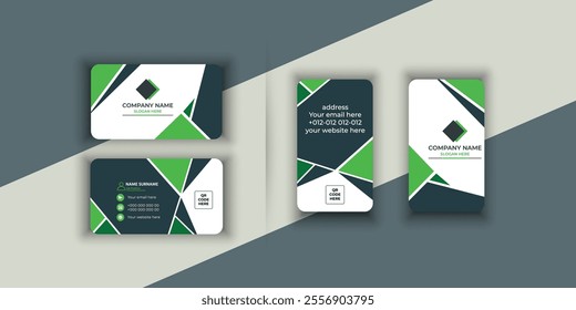 Green and dark green color geometric modern business card design template, 2 side corporate business card vector template design.