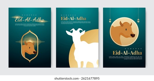 Green Dark gradient Eid al-Adha Flyer Design Vector set illustration with mosque, lanterns, typography