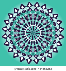 Green and dark purple mandala for balanced mind obtaining. Geometric symmetric circle mandala with light aura.