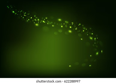 Green dark shiny sparkle background and swirl bokeh light horizontal background and empty place for objects. Gradient mesh. Vector illustration stock vector.