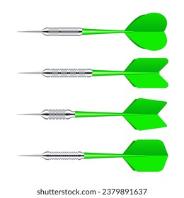Green dart arrows with metal tip isolated on white background. Dart throwing sport game, dartboard equipment. Vector illustration