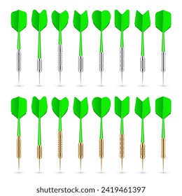 Green dart arrows with metal tip and shadow. Dart throwing sport game, dartboard equipment. Vector illustration
