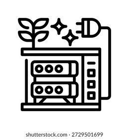 Ícone verde da linha do data center, símbolo da estrutura para computação sustentável, servidor ecologicamente correto, armazenamento de dados com neutralidade de carbono, TI eficiente e hospedagem renovável. Ícone de sinal vetorial.
