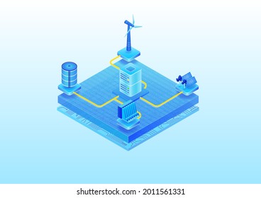 Green IT Data Center Powered By Renewable Energy Sources Such As Solar Power And Wind Energy. 3D Isometric Vector Illustration As Concept For Environmental Friendly IT