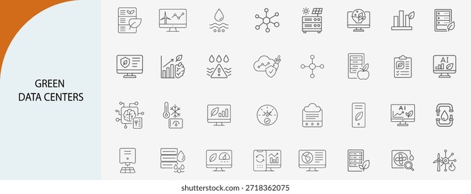 conjunto de iconos de líneas de centros de datos ecológicos e infraestructuras de TI sostenibles, servidores de energía renovable y símbolos de refrigeración inteligentes, Ilustración vectorial plana