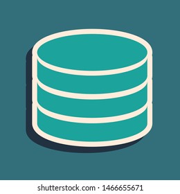 Green Database icon isolated on blue background. Network databases, disc with progress bar. Backup concept. Long shadow style. Vector Illustration