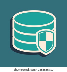 Green Database protection icon isolated on blue background. Secure database icon. Long shadow style. Vector Illustration