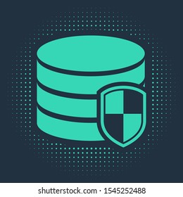Green Database protection icon isolated on blue background. Secure database icon. Abstract circle random dots. Vector Illustration