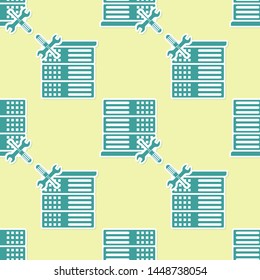 Green Database server with screwdriver and wrench icon isolated seamless pattern on yellow background. Adjusting, service, setting, maintenance, repair, fixing.  Vector Illustration
