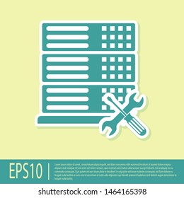 Green Database server with screwdriver and wrench icon isolated on yellow background. Adjusting, service, setting, maintenance, repair, fixing.  Vector Illustration