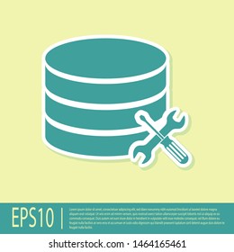 Green Database server with screwdriver and wrench icon isolated on yellow background. Adjusting, service, setting, maintenance, repair, fixing.  Vector Illustration