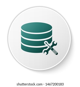 Green Database server with screwdriver and wrench icon isolated on white background. Adjusting, service, setting, maintenance, repair, fixing. White circle button. Vector Illustration