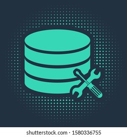 Green Database server with screwdriver and wrench icon isolated on blue background. Adjusting, service, setting, maintenance, repair, fixing. Abstract circle random dots. Vector Illustration