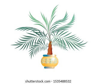 Green, date palm tree in a yellow, ceramic, flower pot with mosaic. For home and office decor. Isolated image on a white background. Vector graphics.