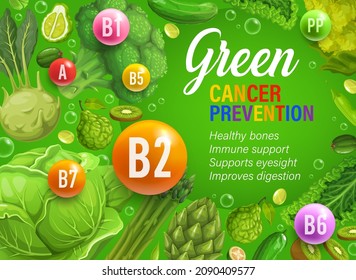 Green Day Of Color Rainbow Diet, Organic Nutrition And Multivitamins In Healthy Food, Vector. Rainbow Diet Vitamins For Green Vegetables And Fruits For Cancer Prevention, Fitness Nutrition Veggies