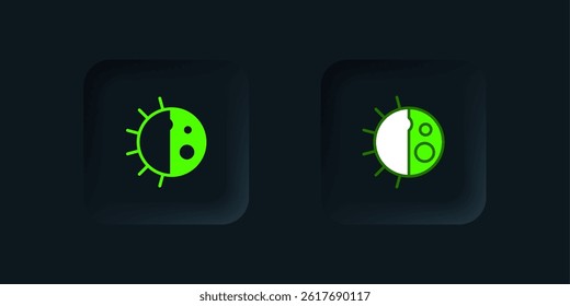 Green Day night cycle icon isolated on black background. Day night concept, sun and moon. Black square button. Vector