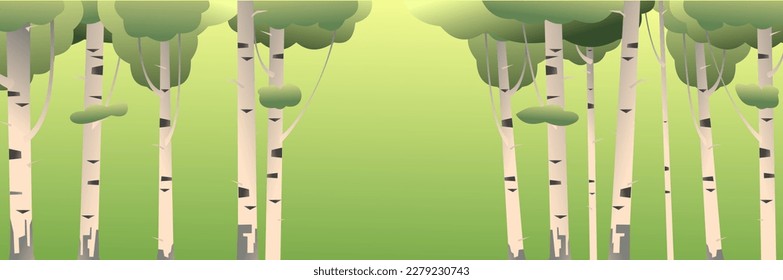 Green day with passage to birch grove. Summer landscape forest and trees. Nature view. Cartoon fun style. Flat design. Vector