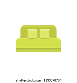 Green daybed with headboard 2 pillows. Comfortable sofa. Vector illustration. Flat icon of settee. Element of modern home & office furniture. Front view.