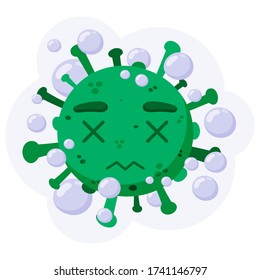 Green dead coronavirus with a bubble. Сovid-19. Funny cartoon character with emotion. Sadness, chagrin. Vector illustration isolated on a white background.