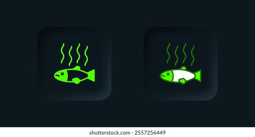 Green Dead fish icon isolated on black background. Rotten fish. Black square button. Vector