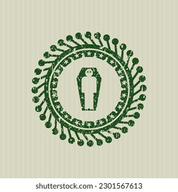 Green dead man in his coffin icon inside distressed grunge stamp. 