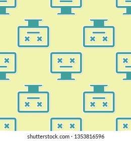 Green Dead monitor icon isolated seamless pattern on yellow background. 404 error like pc with dead emoji. Fatal error in pc system. Flat design. Vector Illustration