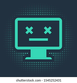 Green Dead monitor icon isolated on blue background. 404 error like pc with dead emoji. Fatal error in pc system. Abstract circle random dots. Vector Illustration