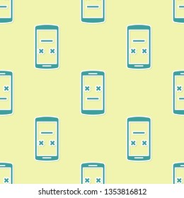 Green Dead phone icon isolated seamless pattern on yellow background. Deceased digital device emoji symbol. Corpse smartphone showing facial emotion. Flat design. Vector Illustration