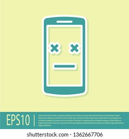 Green Dead phone icon isolated on yellow background. Deceased digital device emoji symbol. Corpse smartphone showing facial emotion. Flat design. Vector Illustration