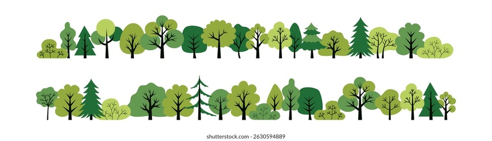 Green deciduous and coniferous trees isolated on a white background. Design concept for a poster, banner. Flat style elements. Vector illustration. Trees illustrations 
