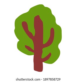 Green deciduous tree or bush. Shrubbery art design. Brown trunk and branches. Graphic elements. Cartoon doodle style. Nature and ecology. Park, forest or garden. Spring or summer. For post cards
