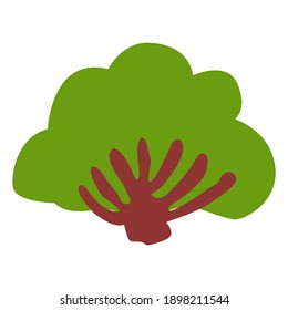 Green deciduous tree or bush. Shrubbery art design. Brown trunk and branches. Graphic elements. Cartoon doodle style. Nature and ecology. Park, forest or garden. Spring or summer. For post cards