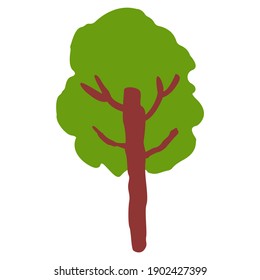 Green deciduous tree or bush. Shrubbery art design. Brown trunk and branches. Graphic elements. Cartoon doodle style. Nature and ecology. Park, forest or garden. Spring or summer. For post cards
